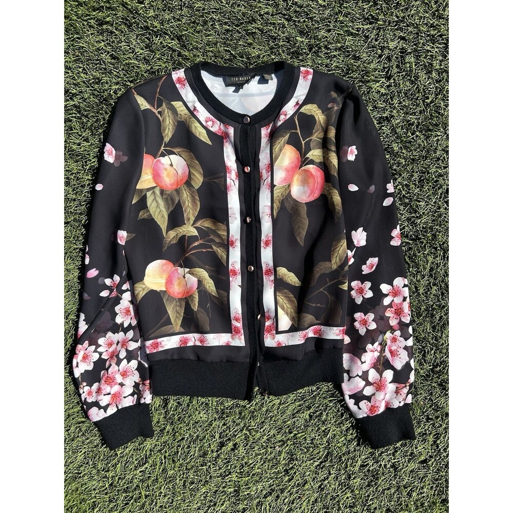Ted Baker Flisity Peach Blossom Floral Bomber Jacket Black Size 1 Small